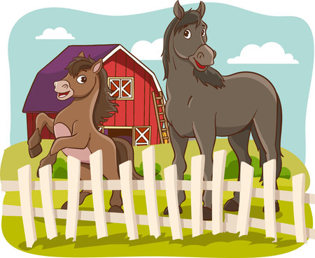 Two horses in front of wooden fence. Vector illustration of farm animals.のイラスト素材