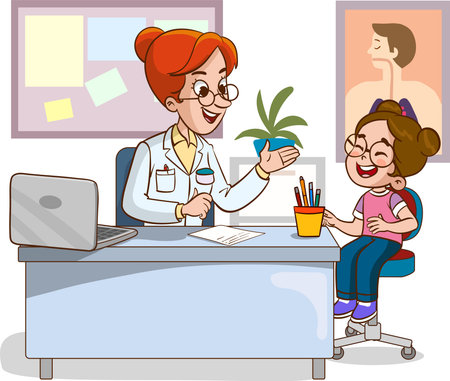 Cartoon illustration of a female doctor doing a medical checkup with her patientのイラスト素材