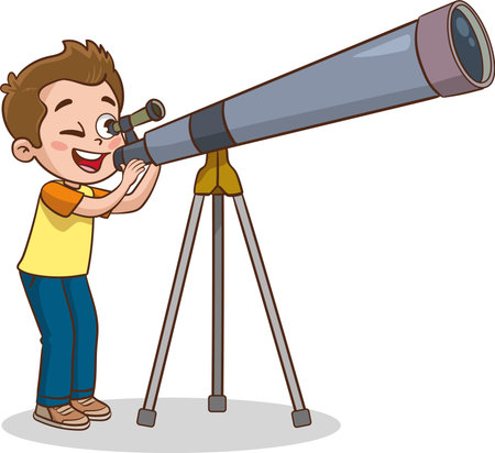 Boy looking through a telescope. Vector illustration in a cartoon style.のイラスト素材