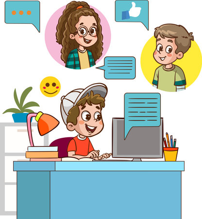Children with social media elements on white background illustration.Kids remote communication via internet. Happy boys and girl talking, chatting at distance.のイラスト素材