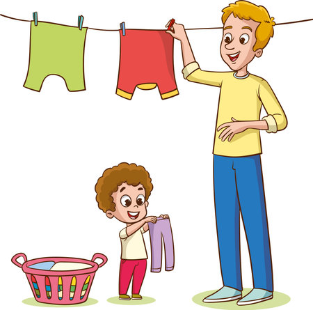 Illustration of a Father and Son Clothes Hanging on a Clotheslineのイラスト素材