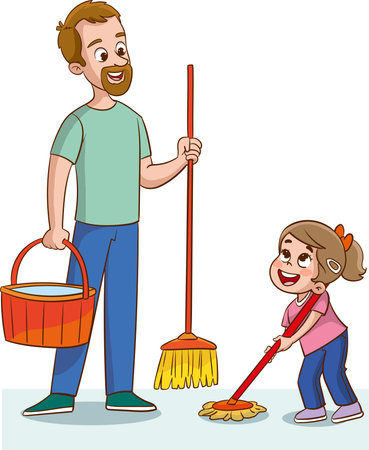 Illustration of a Father and Daughter Cleaning the Floor with a Mopのイラスト素材