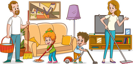 Happy family cleaning the living room with a mop and broom illustrationのイラスト素材