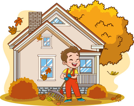 Little boy raking leaves in front of his house. Vector illustration.のイラスト素材