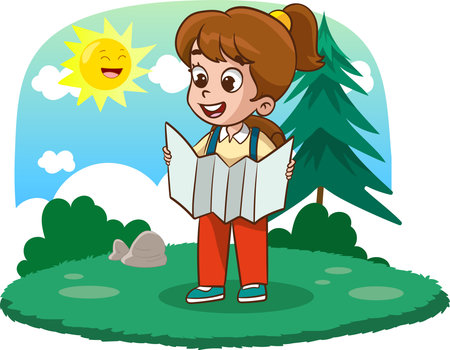 camper girl with a map in nature. Vector illustration.のイラスト素材