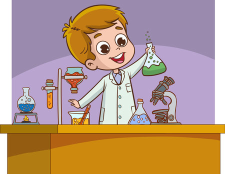 cute little boy scientist in laboratory scene vector illustration design graphicのイラスト素材