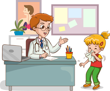 Illustration of a Little Girl Talking to a Doctor While Sitting at Her Deskのイラスト素材