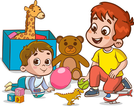 Boy and girl playing with toys. Vector illustration of a cartoon style.のイラスト素材