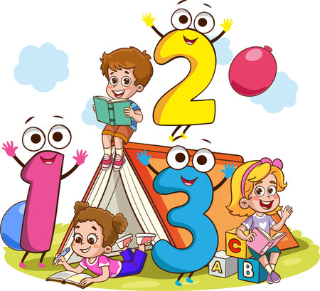 Illustration of Kids Reading a Book at the Kindergarten with Number Twoのイラスト素材