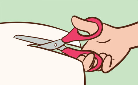 Illustration of a hand cutting a piece of paper with a scissorsのイラスト素材
