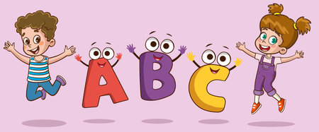 Lettering ABC with kids in cartoon style. Vector illustration isolated on white background.のイラスト素材