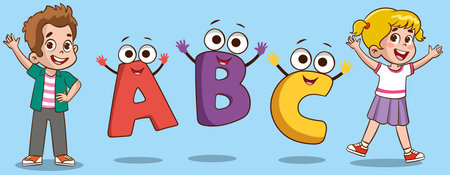 Vector illustration of a group of happy children holding ABC letters. Education concept.のイラスト素材