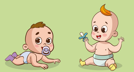 Cute baby boy and baby girl in diaper. Vector illustration.のイラスト素材
