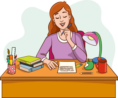 vector illustration of writer woman working writing and making notesのイラスト素材