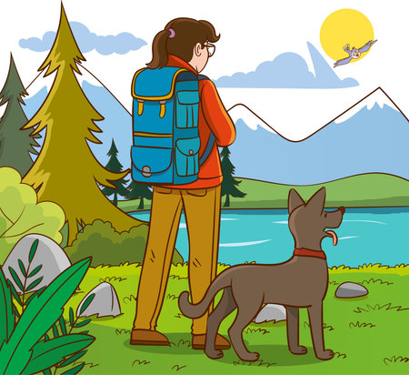 Hiker with backpack and dog in the park. Vector illustration.のイラスト素材
