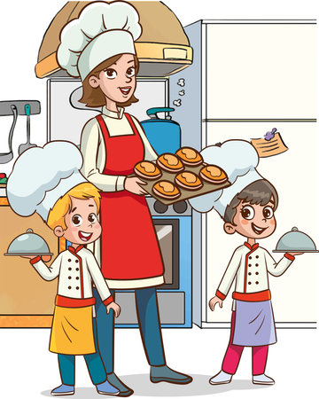 Mother and children cooking in the kitchen. Vector illustration of a cartoon style.のイラスト素材