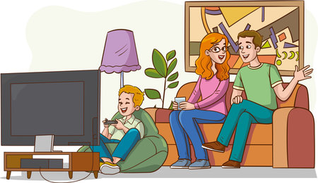 Friends playing video games at home. Vector illustration in cartoon style.のイラスト素材