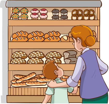 Illustration of a Little Boy Choosing Bread in a Bakery Storeのイラスト素材
