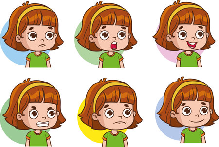 Vector illustration of a cute little girl with different facial expressions set.のイラスト素材