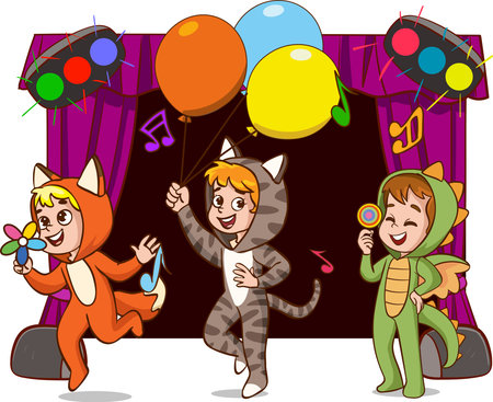 Child Actors Performing Theater on Stage.Color Vector Illustration with Talented School Children Theater Performance.Happy Kids Showing Their Artistic Talents In Showのイラスト素材