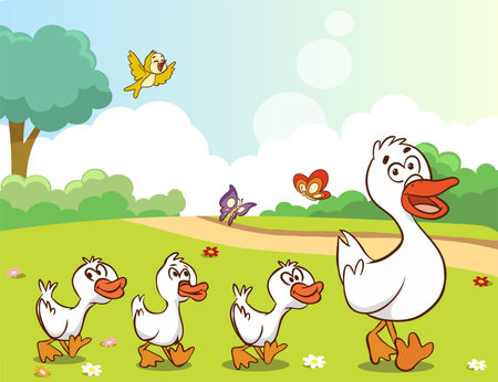 Cute duck family on the green meadow. Vector illustration.のイラスト素材