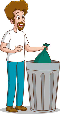 Man throwing garbage in the trash can. Vector illustration of a man throwing garbage in the trash bin.のイラスト素材