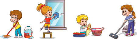 Vector illustration of set of kids doing cleaning and housework. Gaining responsibility awareness and helping family.のイラスト素材