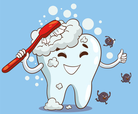 Tooth brushing with a toothbrush, vector cartoon character illustration.のイラスト素材