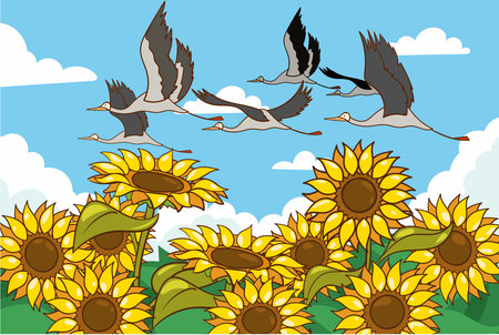 Illustration of migratory birds flying in cartoon style.vector illustration of migratory birds in the sky in nature landscape.のイラスト素材