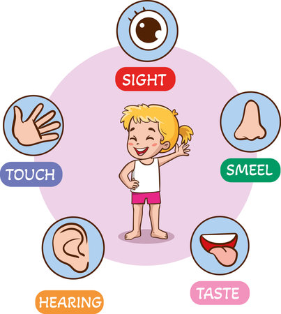 Vector illustration of little kids holding cards about 5 senses.Vector illustration of little children showing parts of the bodyのイラスト素材
