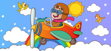 Illustration of a Little Girl Flying on a Toy Airplane.のイラスト素材