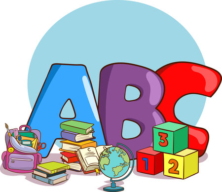 Illustration of a Back to School Concept with Books, Globe and Alphabet Blocksのイラスト素材
