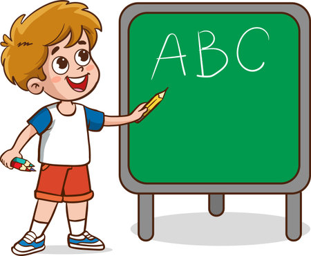 Cartoon Illustration of Elementary School Boy with Blackboard and Pencilのイラスト素材