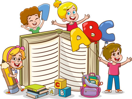Vector Illustration of Kids Reading a Book and Writing ABC on White Backgroundのイラスト素材