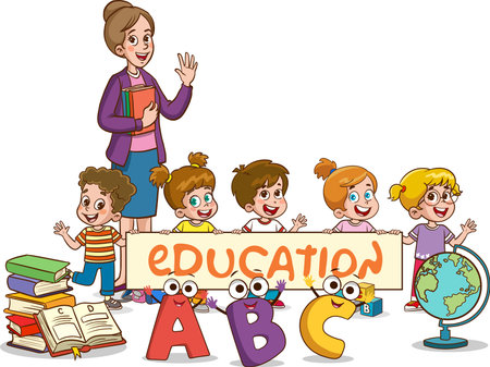 Vector illustration of a teacher and children holding a banner with the word educationのイラスト素材
