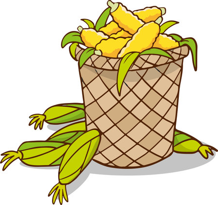 Illustration of Corn in a Wicker Basket on White Backgroundのイラスト素材