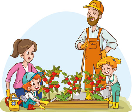 Illustration of a Family of Gardener and Their Kids Planting Berriesのイラスト素材