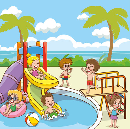 Children playing in the pool. Vector illustration of a cartoon style.のイラスト素材