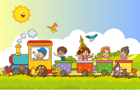 Children playing with a train in the park. Vector illustration of a cartoon style.のイラスト素材
