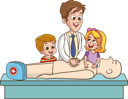 Cartoon illustration of a pediatrician doing an orthopedic examinationのイラスト素材