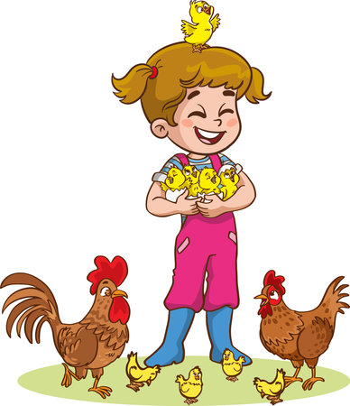 Little girl with chickens. Vector clip art illustration with simple gradients. All in a single layer.のイラスト素材