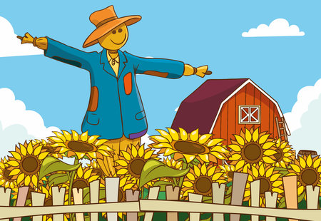 Farmer cartoon with sunflowers and barn vector illustration graphic designのイラスト素材