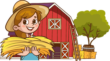 Illustration of a Little Girl Holding a Bale of Hay in Front of a Barnのイラスト素材