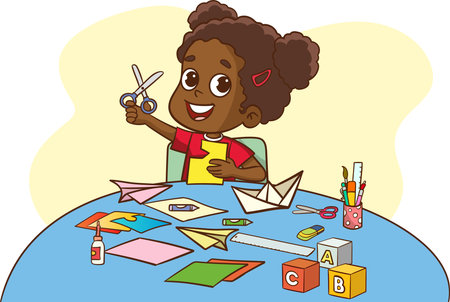 Illustration of a Kid Girl Playing with Paper Crafts and Stationeryのイラスト素材