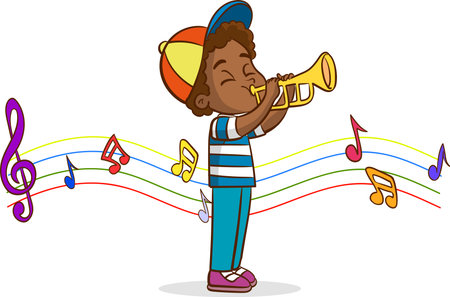 Illustration of a Kid Playing the Trumpet on a Music Backgroundのイラスト素材