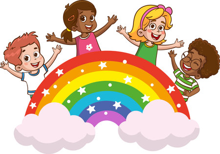 Happy children and rainbow. Vector clip art illustration isolated on white backgroundのイラスト素材