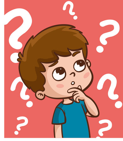 Problem solving concept. Cute kid boy thoughtful ask question. Confused kid and happy to understand or light bulb found answer. cartoon vector illustrationのイラスト素材