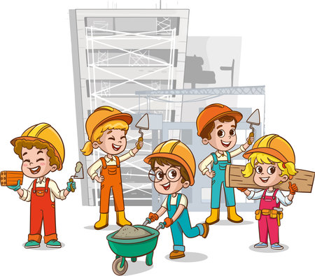 Cartoon construction workers on a building site. Vector clip art illustration.のイラスト素材