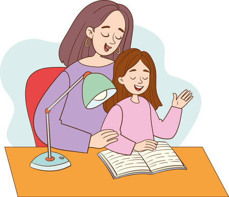 Mother and daughter reading a book together. Vector illustration of a family reading a book.のイラスト素材