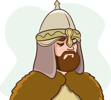 Vector illustration of a medieval warrior with helmet and mustache.のイラスト素材